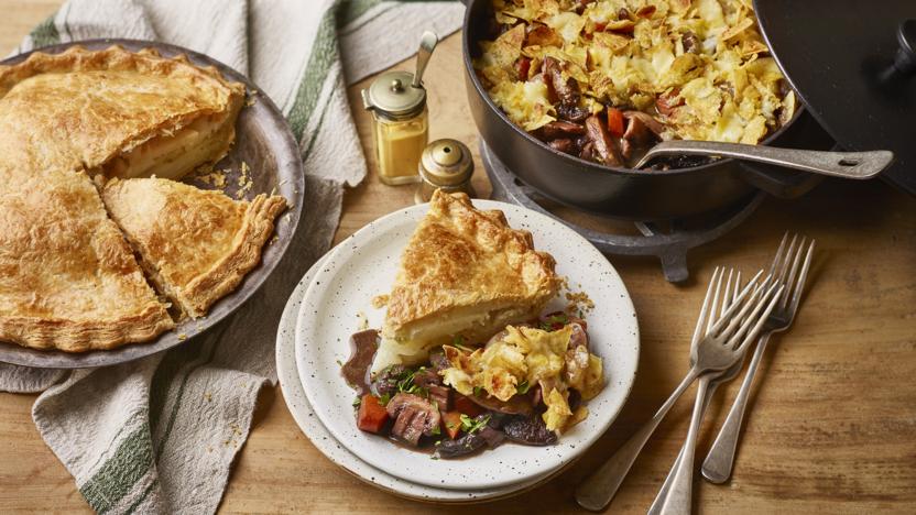 Potato and butter pie with mushroom bourguignon 