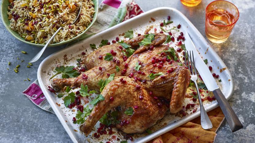 Spiced spatchcock chicken, quince glaze and bejewelled rice