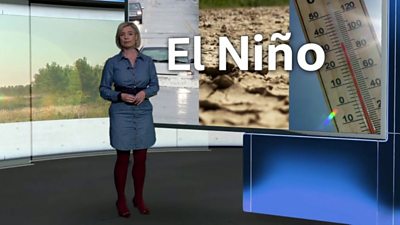 Sarah Keith-Lucas standing in front of a weather screen with the words El Nino on it