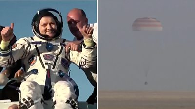 Split screen where Oleg Kononenko holds his thumbs up on the left and on the right the space shuttle lands