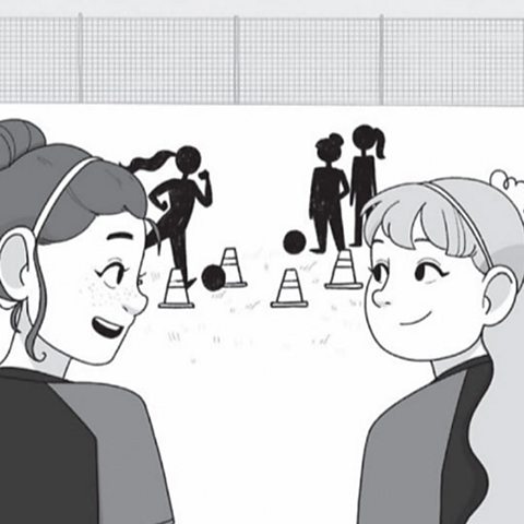 An illustration of two girls on a football pitch smiling at each other.