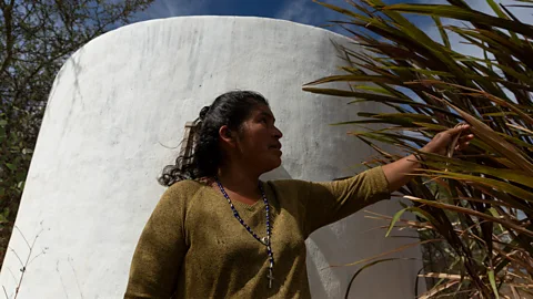 Stephania Corpi Arnaud Agustina Ortiz, 45, stands beside her 20,000-liter ferrocement tank at her home in the community of Xixovo, Oaxaca, on 5 December 2023 (Credit: Stephania Corpi Arnaud)