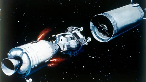 Getty Images A Nasa illustration ahead of the launch shows how the component part of the Apollo 11 spacecraft is intended to separate (Credit: Getty Images)