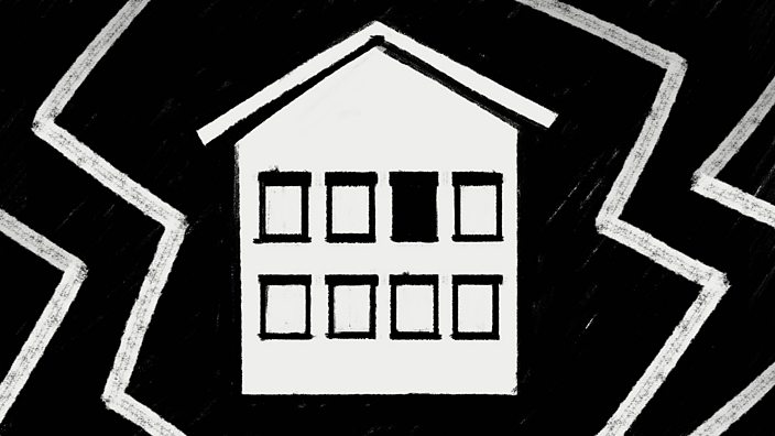 A black and white illustration of a hostel facade, a light is off in one of the rooms
