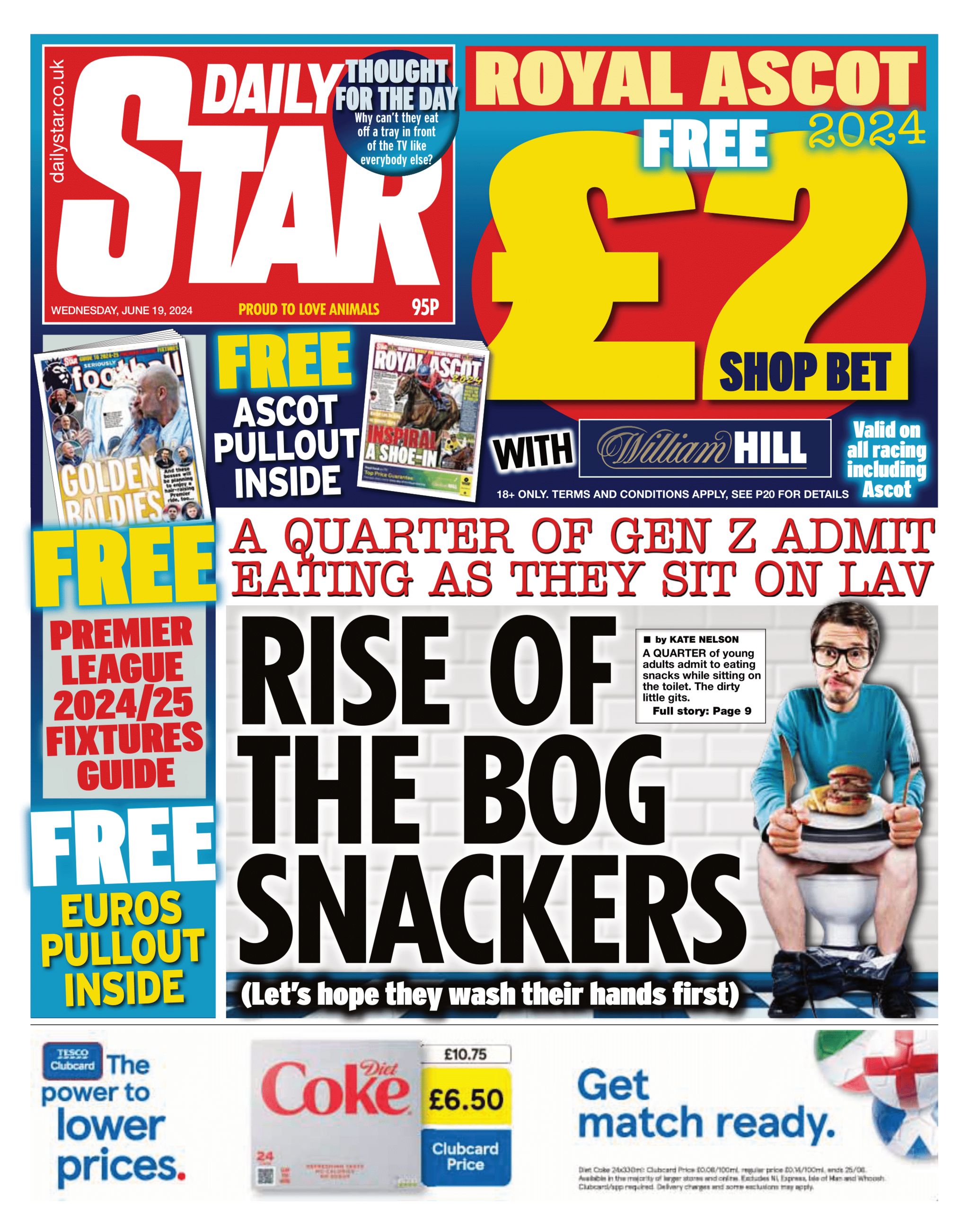 The front page of the Daily Star, with the main headline reading "rise of the bog snackers"