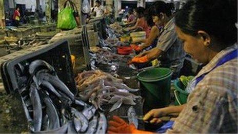 Women prepare the fish for market