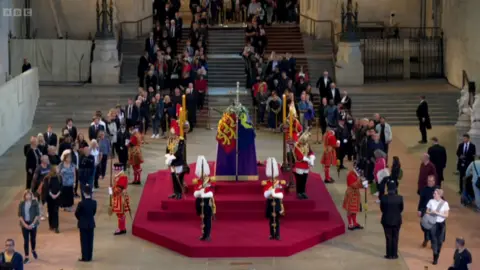 BBC People filing past the Queen's coffin as seen on the live stream