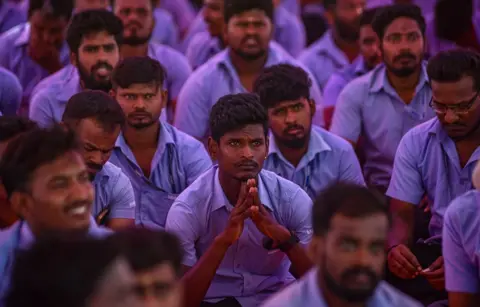 Mandatory Credit: Photo by RAGUL KRUSHAN/EPA-EFE/REX/Shutterstock (14724285a) Indian workers of Samsung India Electronics participate in a strike in Chennai, Tamil Nadu India, 17 September 2024. Nearly 100 workers of Samsung India, along with Centre of Indian Trade Unions (CITU) leader E Muthu Kumar, President of the Samsung India Workers Union, were arrested on 16 September morning but were let off in the evening as Samsung employees' protest enters ninth day demanding better wages and improved working conditions. Samsung employees in India protest demanding better wages, Chennai - 17 Sep 2024