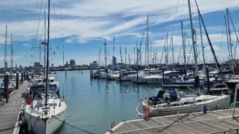 stacey johns Gosport marina with at least eight boats at three wooden pontoons under a blue sky with multiple buildings on the horizon
