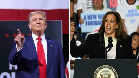 Split screen showing Donald Trump and Kamala Harris at separate rallies