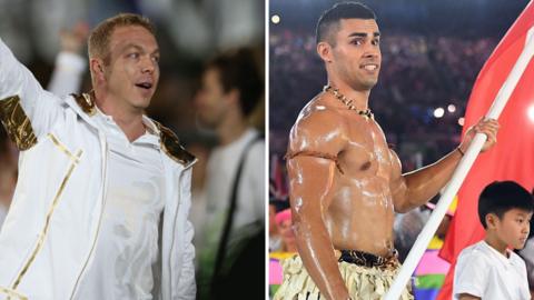 Team GB's Chris Hoy in white and gold at London 2012, and Tonga's Pita Taufatofua goes shirtless at Rio 2016