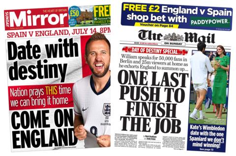 The headline on the front page of Sunday Mirror reads: "Date with destiny, come on England" and the headline on the front page of the Mail on Sunday reads: "One last push to finish the job"