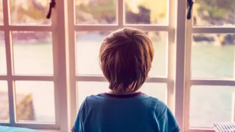 A boy with medium-length hair wearing a blue T-shirt looking out of a window into what looks like a back garden