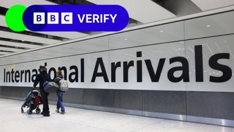 A family walking through the international arrivals area at Heathrow Airport