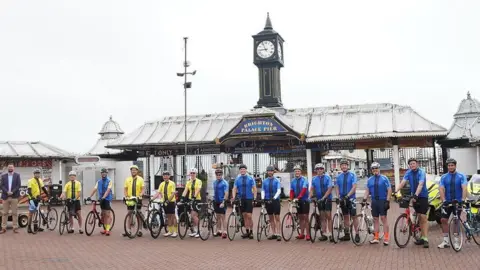 Surrey and Sussex Police Riders lined up with their bikes on Brighton Palace Pier