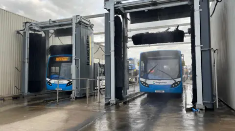 Two buses in a new sixty thousand pound washer
