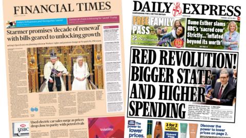 The FT and Daily Express front pages on 18 July 2024