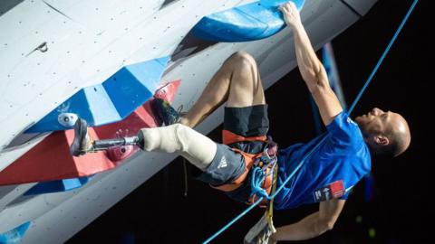 Thierry Delarue of France competes during the final of men's paraclimbing competition (category AU2) at the IFSC Climbing World Championships in Innsbruck, Austria, on September 14, 2018