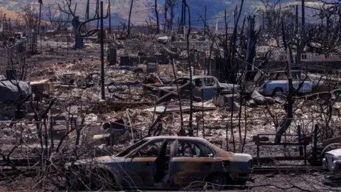 Fire damage is shown in the Wahikuli Terrace neighborhood in the fire ravaged town of Lahaina