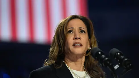 Kamala Harris at a podium in front an American flag 