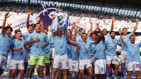 Manchester City celebrate winning the 2023-24 Premier League title