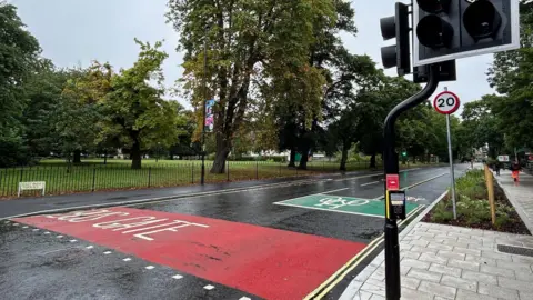 A road with cyclist and bus markings largely visible. There is a pedestrian crossing at the front with lights. In the background there is a park