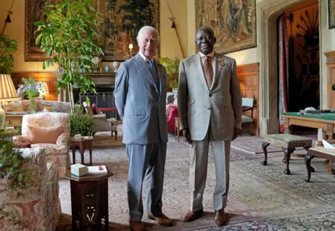 JOE GIDDENS/AFP Ghana's Asante King, Otumfuo Osei Tutu II (R) and the UK's King Charles at Sandringham Estate, the UK - Tuesday 23 July 2024