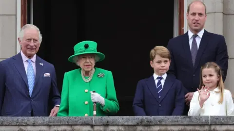 PA Media The Queen with the then-Prince Charles, and then-Duke of Cambridge, as well as Prince George and Princess Charlotte on the Buckingham Palace balcony on 5 June