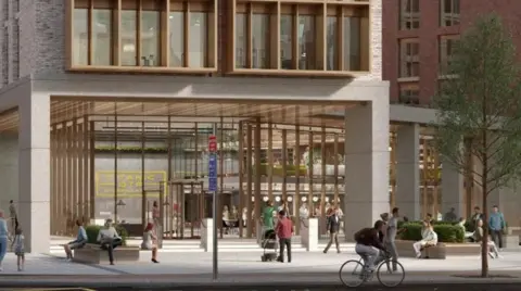 WATKIN JONES GROUP AND LACUNA DEVELOPMENTS  An artist's impression of the student accommodation building with students sitting outside and showing pedestrians walking by and cyclists passing