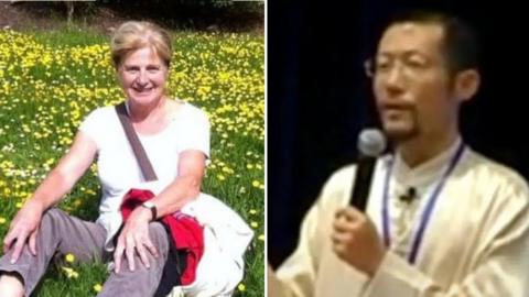 A still taken from a video of a presentation by Hongchi Xiao on Paida Lajin therapy. Xiao wears a long white jacket  and is holding a microphone / Danielle Carr-Gomm smiling and sitting in a grassy field with flowers