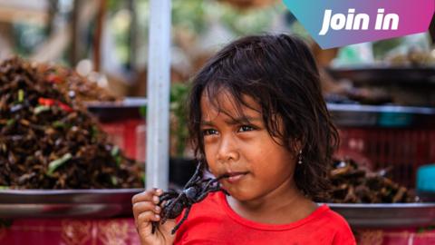 Cambodian little girl eating deep fried tarantula on a street market