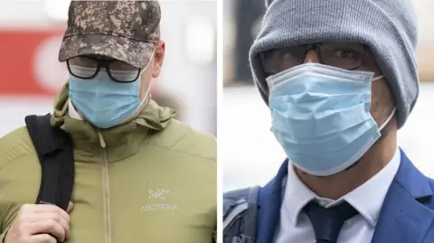 Joel Borders and Jonathon Cobban arriving at court in 2022 wearing hats, glasses and facemasks