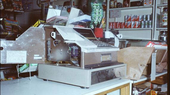 A broken shop till at the shop of the scene of Carol Morgan's killing