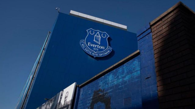 General view outside Goodison Park of Everton badge