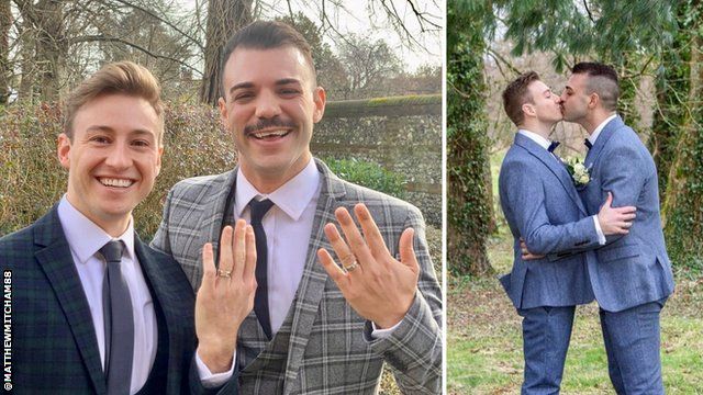 A split image of husbands Matthew Mitcham (left) and Luke Rutherford (right) holding up their wedding rings on the left and kissing on the right