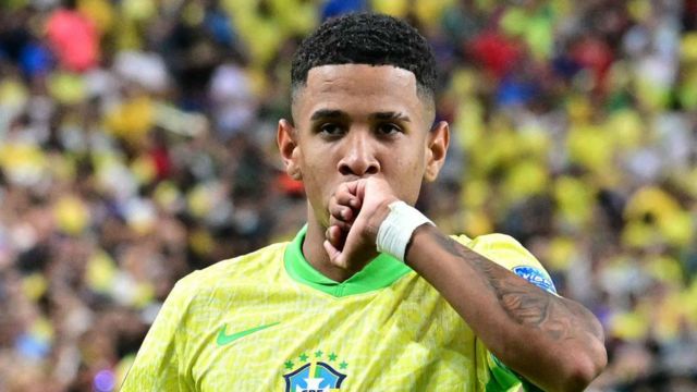 Brazil's forward Savinho celebrates scoring against Paraguay during the Copa America