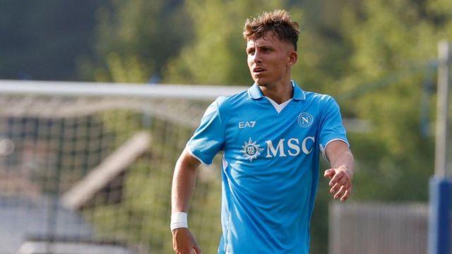 Jesper Lindstrom of Napoli is playing during a preseason friendly match in Dimaro Folgarida, Trento, Italy, on July 16, 2024