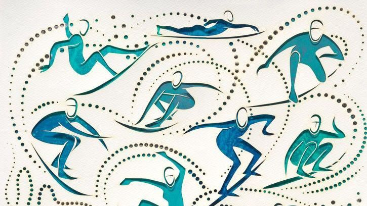 A card artwork with cut-out silhouettes of surfers who have blue backgrounds