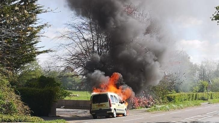 A burning vehicle on Malvern Road