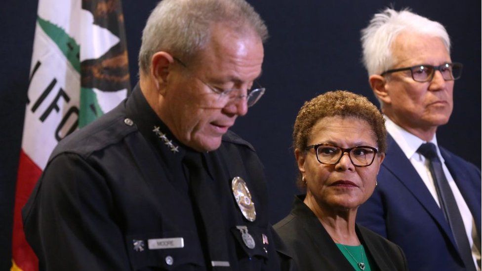From left: LAPD Chief Michael Moore, LA Mayor Karen Bass and District Attorney George Gascon