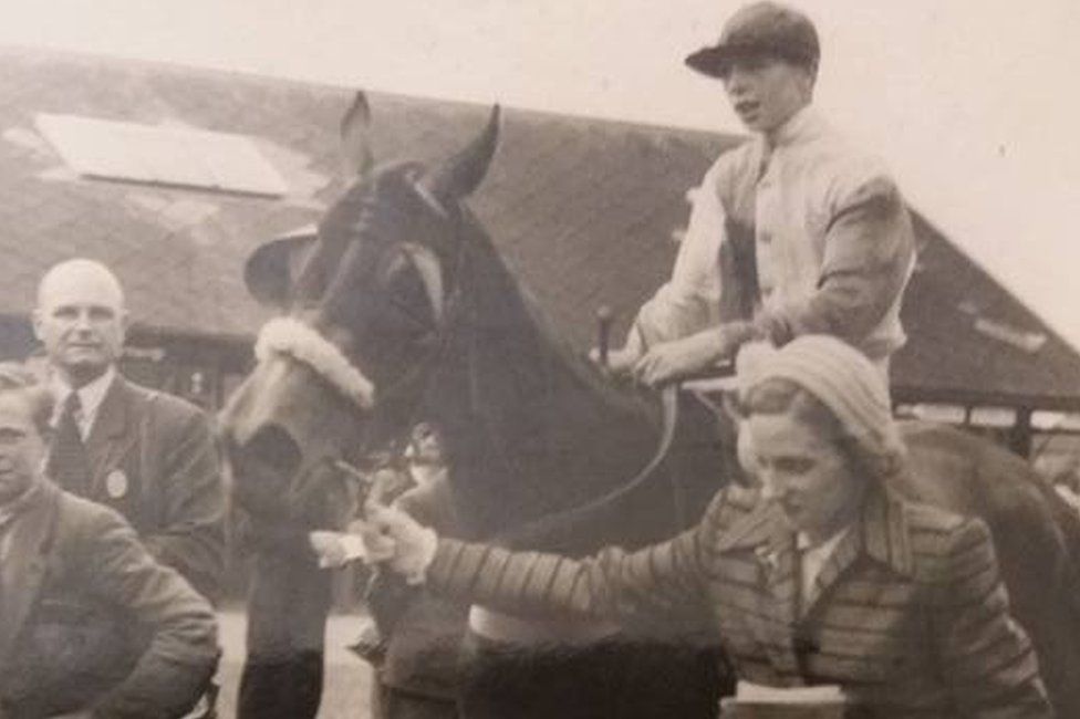 Ken Harland, aged 15, riding his first winner Amazine at Redcar in 1952