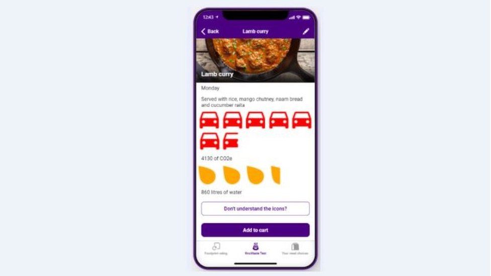 The app showing a lamb curry meal alongside the food miles and carbon cost of producing it
