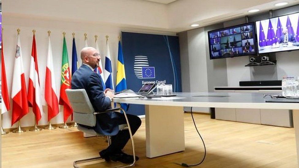 EU summit chairman Charles Michel videoconferencing with leaders, 23 Apr 20