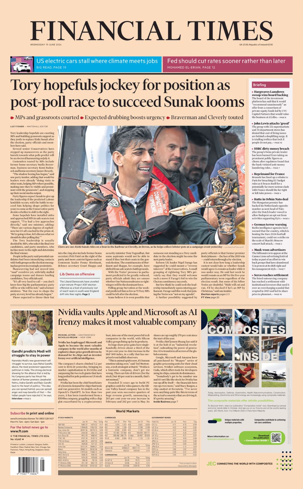 The front page of the Financial Times, with the main headline reading "Tory hopefuls jockey for position as post-poll race to succeed Sunak looms"