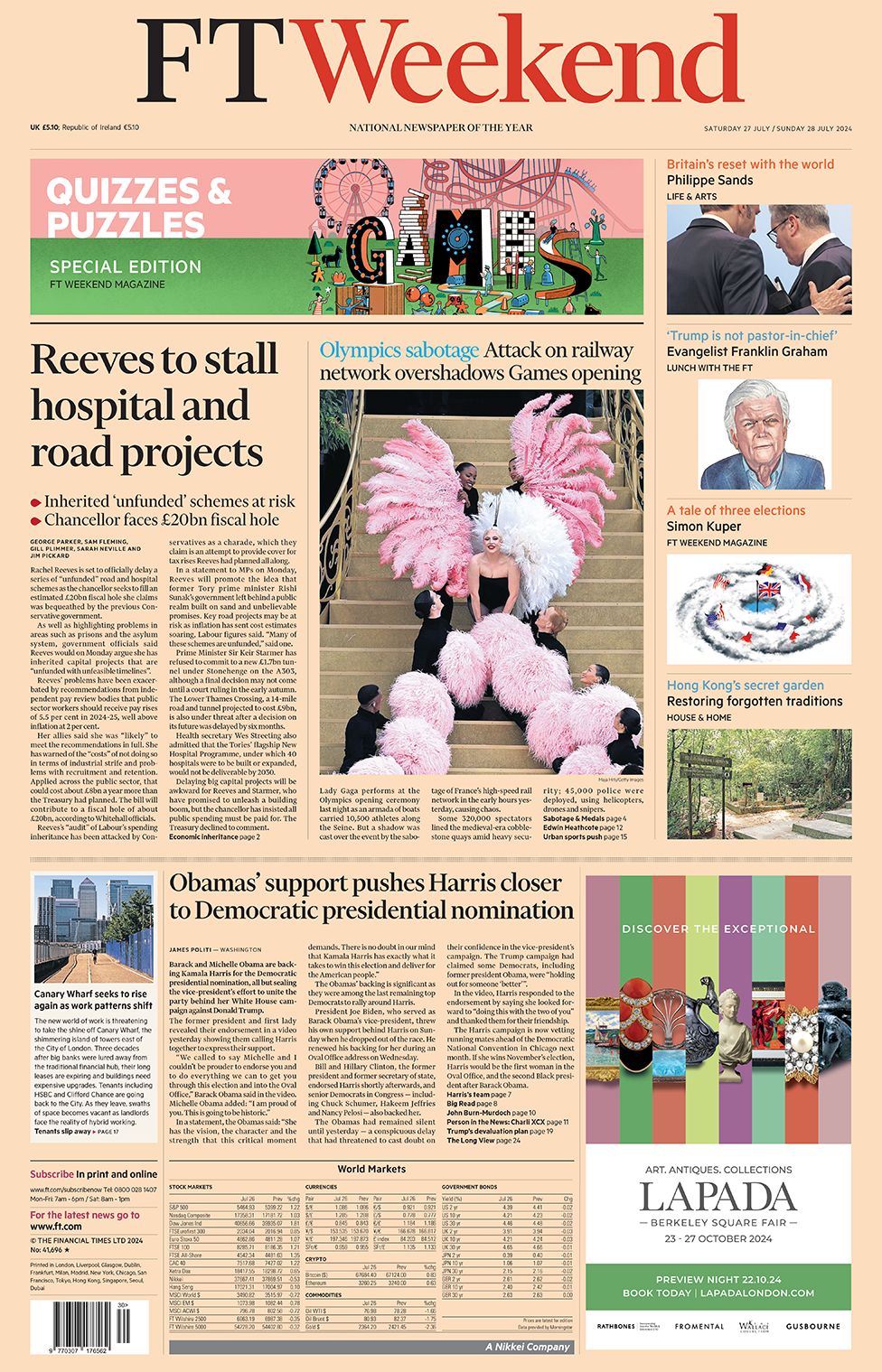 The headline of the FT Weekend reads: "Reeves to stall hospital and road projects"