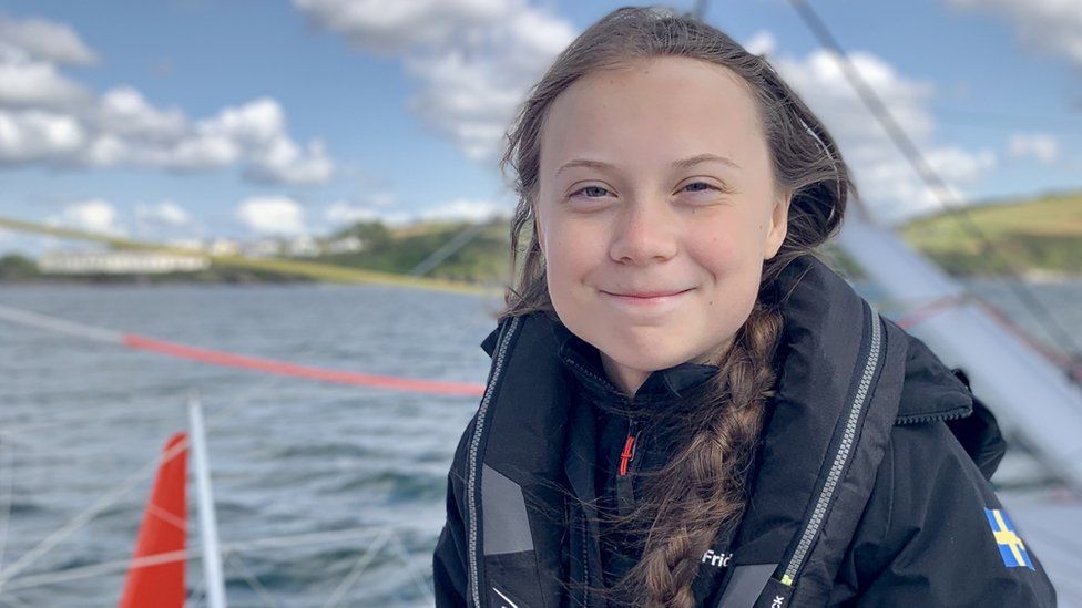 Environmental activist Greta Thunberg on board the solar-powered yacht Malizia II as Greta prepares to set sail from Mayflower Marina Plymouth in the UK across the Atlantic in 2019