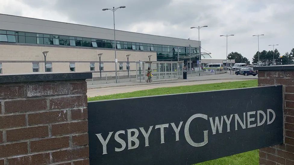 Slate Ysbyty Gwynedd sign at the Bangor hospital