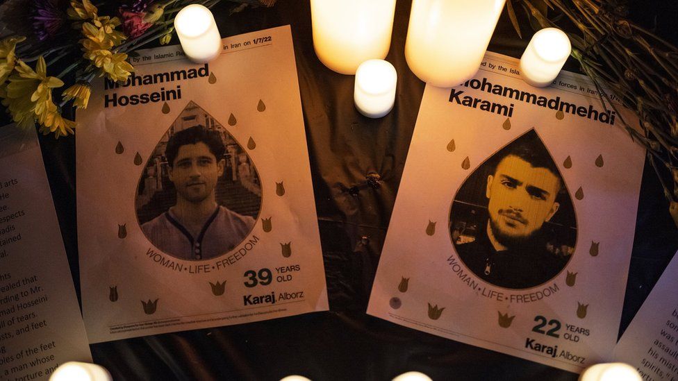 A memorial for Seyed Mohammad Hosseini and Mohammad Mehdi Karami set up during a protest outside the US home of Iran's ambassador to the UN in New York, 16 November 2023