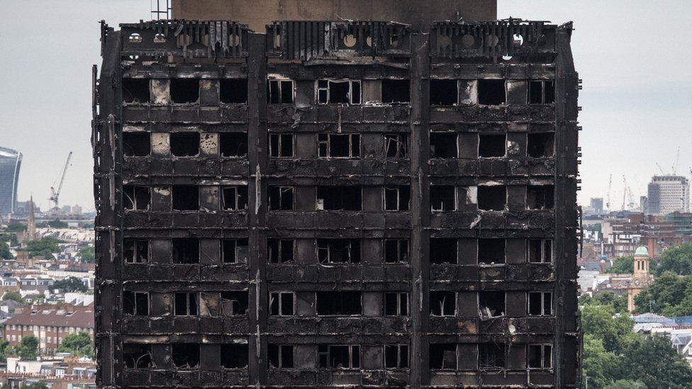 What remains of the top floors of Grenfell Tower
