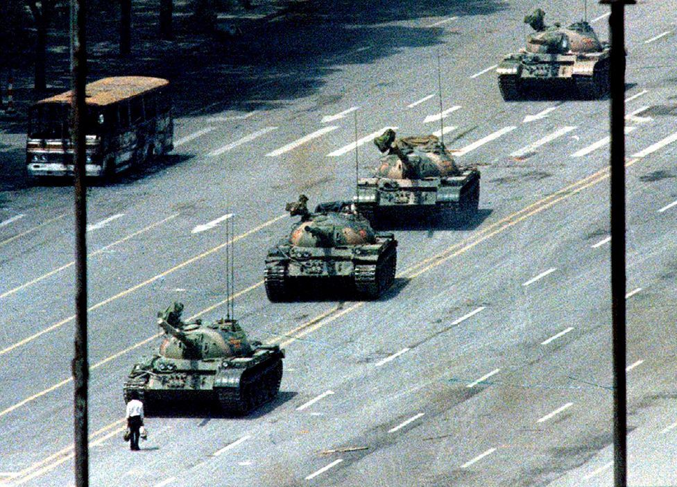 Chinese army tanks put down the Tiananmen Square protests